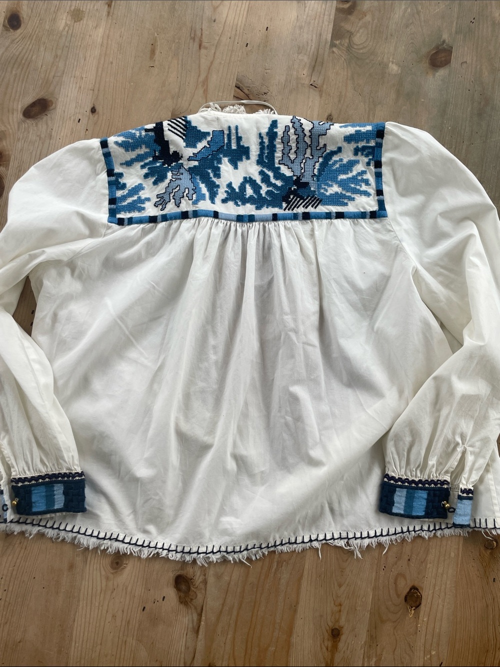Zara White Boho Embroidered Tie-Front Top with Blue Accents Coastal Chic - Picture 6 of 8